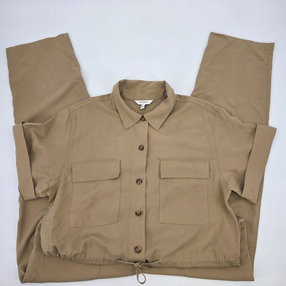 BANANA REPUBLIC UTILITY JUMPSUIT WOMENS LARGE TAN UTILITY BUTTON DRAWSTRING NEW!